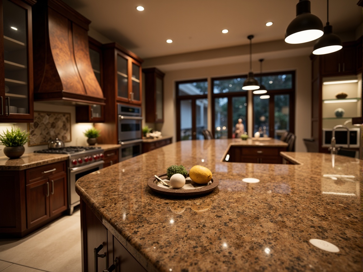 Prompt: Luxurious interior design, granite countertops, rich earthy tones, glossy polished finish, durable material, heat-resistant surface, elegant kitchen island, modern cabinetry, stainless steel appliances, ambient warm lighting, shallow depth of field, 1/1 composition, realistic textures, subtle reflections.