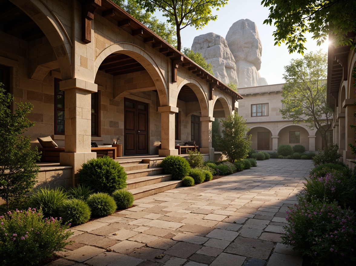 Prompt: Serenely lit monastery courtyard, rustic stone walls, vaulted ceilings, stained glass windows, ornate wooden doors, peaceful cloisters, lush greenery, vibrant flowers, natural rock formations, ancient trees, misty morning, soft warm lighting, shallow depth of field, 1/1 composition, realistic textures, ambient occlusion, warm earth tones, subtle color palette.