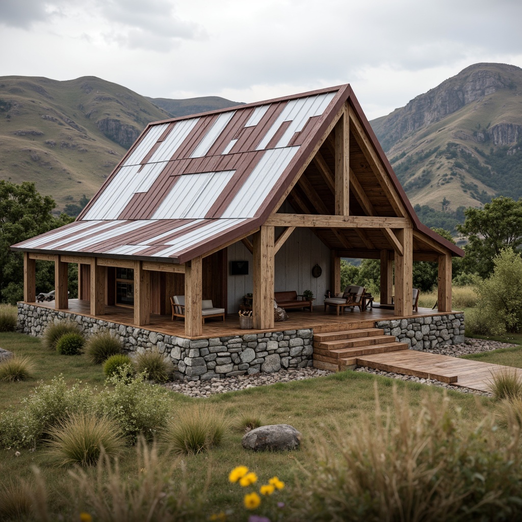 Prompt: Rustic barn architecture, wooden beams, vintage metal roofing, corrugated iron cladding, asymmetrical rooflines, modern sustainable materials, recycled wood accents, earthy color palette, natural stone foundations, rolling hills, countryside landscape, overcast sky, soft diffused lighting, shallow depth of field, 2/3 composition, realistic textures, ambient occlusion.