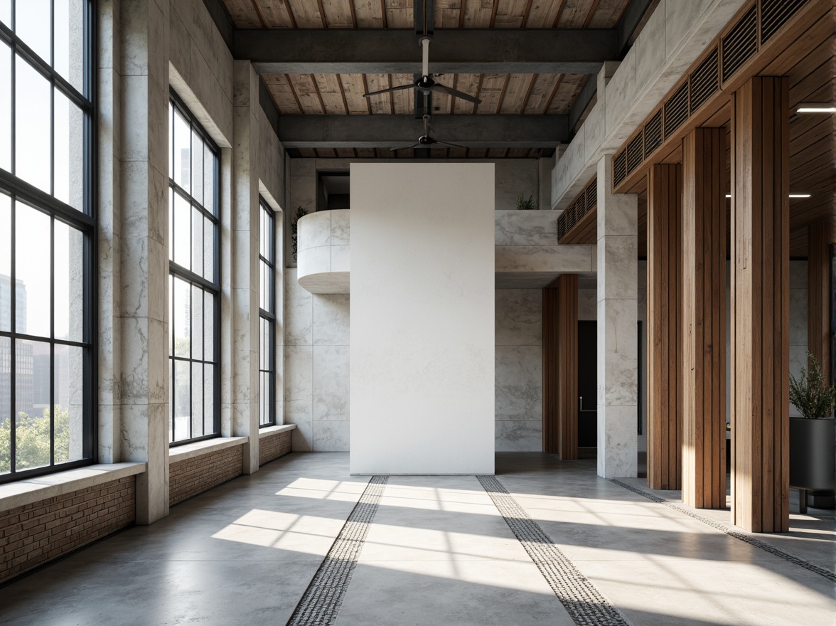 Prompt: Polished concrete walls, raw industrial metal beams, sleek glass facades, minimalist wooden accents, brutalist stone columns, exposed ductwork, matte black steel frames, smooth white stucco surfaces, geometric patterned tiles, industrial-style lighting fixtures, airy open spaces, natural light pouring in, subtle gradient shadows, 1/1 composition, shallow depth of field, cinematic atmosphere.