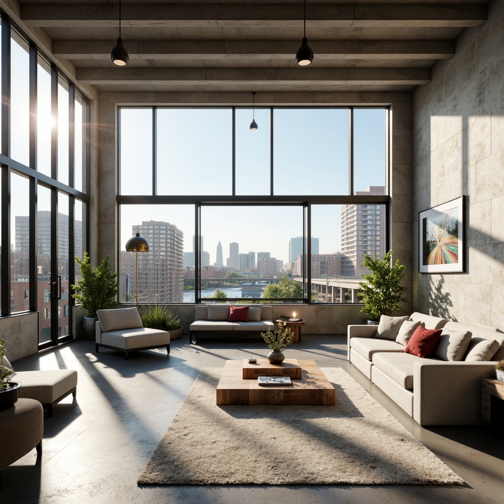 Prompt: Minimalist open floor plan, high ceilings, large windows, sliding glass doors, polished concrete floors, industrial chic decor, modern sofas, geometric coffee tables, pendant lighting fixtures, abstract artwork, urban city views, sunny afternoon, soft natural light, shallow depth of field, 3/4 composition, realistic textures, ambient occlusion.