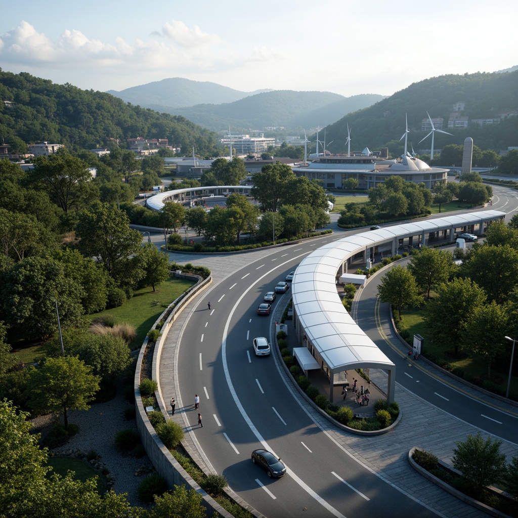 Prompt: Scenic highway, rolling hills, verdant trees, electric vehicle charging stations, sleek modern design, solar panels, wind turbines, energy-efficient systems, minimalist architecture, curved lines, futuristic aesthetic, urban planning integration, eco-friendly infrastructure, pedestrian walkways, bike lanes, green roofs, natural stone walls, ambient lighting, shallow depth of field, 3/4 composition, panoramic view, realistic textures, atmospheric rendering.