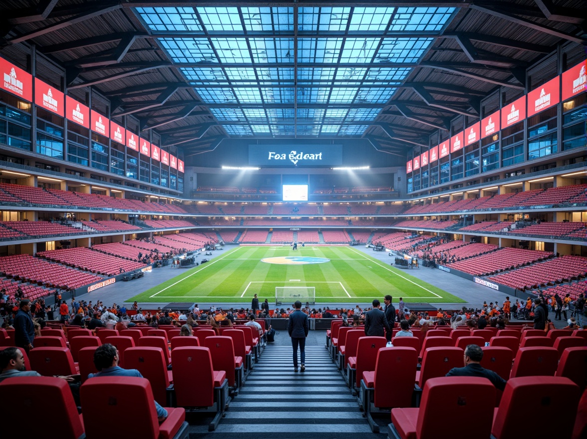 Prompt: Vibrant stadium interior, tiered seating, comfortable chairs, ample legroom, ergonomic design, futuristic architecture, sleek metal framework, transparent glass fa\u00e7ade, electric atmosphere, dynamic lighting system, 3/4 composition, shallow depth of field, realistic textures, ambient occlusion.