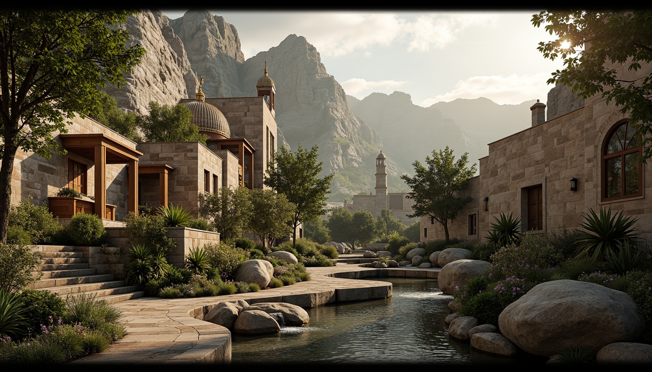 Prompt: Rustic mountainous terrain, Byzantine-inspired architecture, grand stone walls, ornate domes, intricate mosaics, lush greenery, towering trees, winding stone pathways, serene water features, cascading fountains, natural rock formations, moss-covered boulders, weathered wood accents, earthy color palette, warm golden lighting, dramatic shadows, 1/2 composition, atmospheric perspective, realistic textures, ambient occlusion.