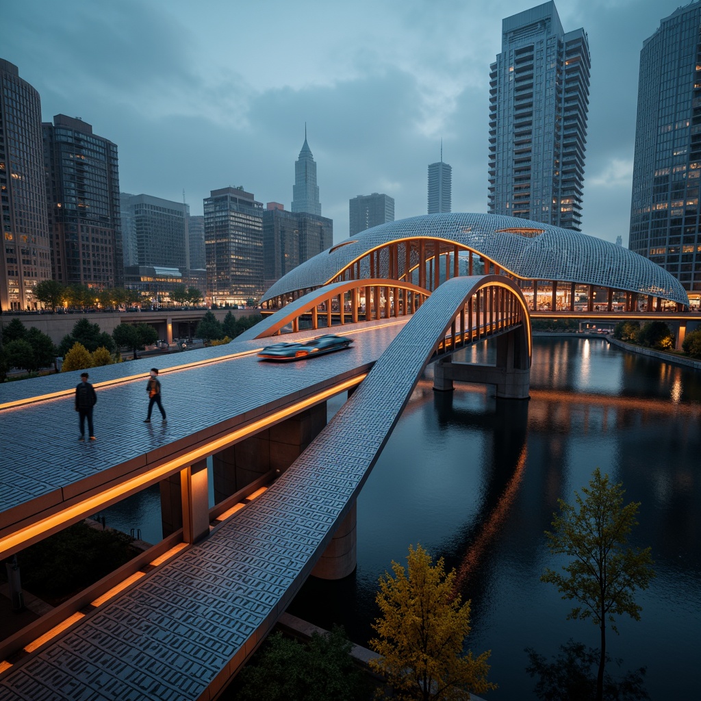 Prompt: Futuristic vehicular bridge, innovative structural design, experimental architecture, dynamic curves, metallic latticework, glowing LED lights, neon-lit urban nightscape, misty atmospheric effects, shallow depth of field, 1/1 composition, symmetrical framing, vibrant orange accents, sleek silver surfaces, bold geometric shapes, cantilevered sections, aerodynamic forms, high-tech materials, sustainable energy harvesting systems, kinetic sculptures, abstract patterns, moody ambient lighting.