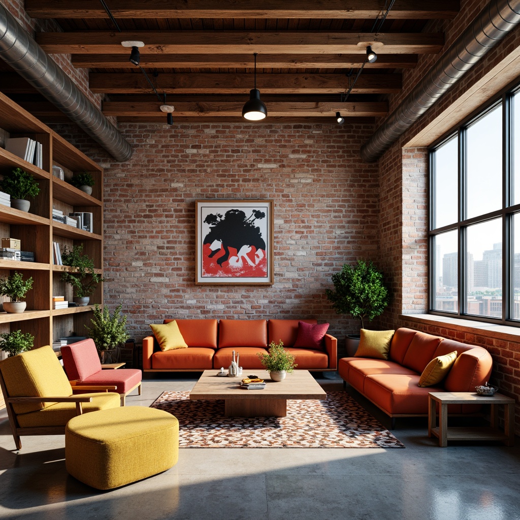 Prompt: Industrial-chic loft interior, exposed brick walls, wooden beam ceilings, polished concrete floors, modern minimalist furniture, vibrant color accents, bold geometric patterns, eclectic artwork, reclaimed wood shelves, metallic lighting fixtures, urban cityscape views, dramatic natural light, soft warm glow, shallow depth of field, 1/1 composition, realistic textures.