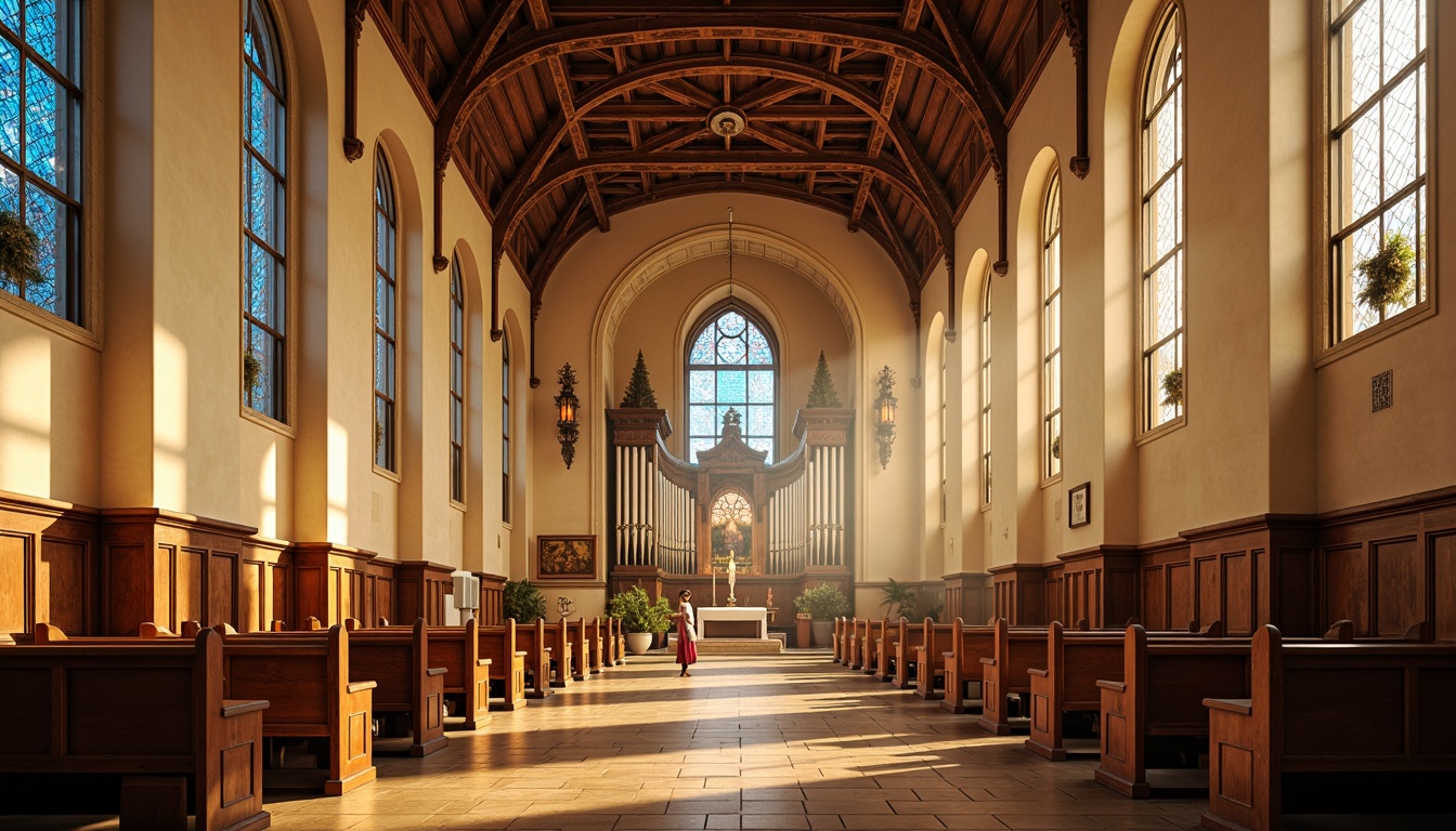 Prompt: Sacred church interior, warm golden lighting, soft cream walls, rich wood accents, ornate stone carvings, vibrant stained glass windows, subtle earthy tones, calming blue hues, elegant white marble, ornamental metalwork, intricate mosaic patterns, serene ambiance, natural textures, subtle gradient effects, atmospheric misting, warm candlelight, symmetrical composition, realistic rendering.