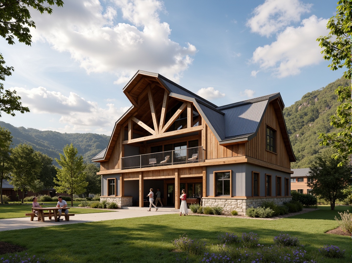 Prompt: Rustic barn-style academic building, wooden beam roof structure, exposed trusses, reclaimed wood accents, corrugated metal roofing, weathered steel exterior, earthy color palette, natural stone foundation, lush greenery surroundings, rolling hills landscape, cloudy blue sky, warm soft lighting, shallow depth of field, 1/1 composition, realistic textures, ambient occlusion.