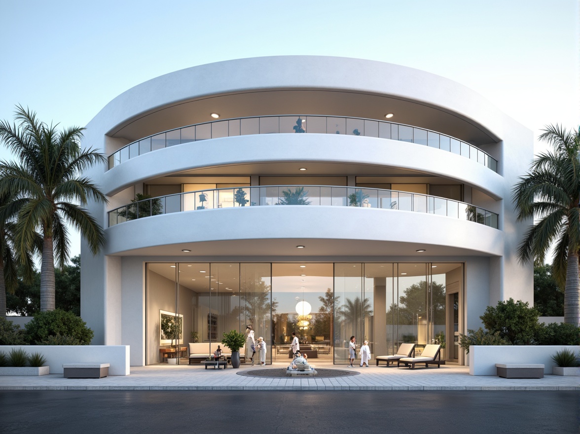 Prompt: Curved building facade, horizontal lines, rounded corners, polished chrome accents, large glass windows, sliding doors, minimalist entrance, white stucco walls, subtle gradient shading, gentle afternoon light, soft focus, shallow depth of field, 1/2 composition, panoramic view, realistic textures, ambient occlusion, serene atmosphere, medical symbols, stainless steel equipment, modern furniture, sterile environments, futuristic aesthetic.