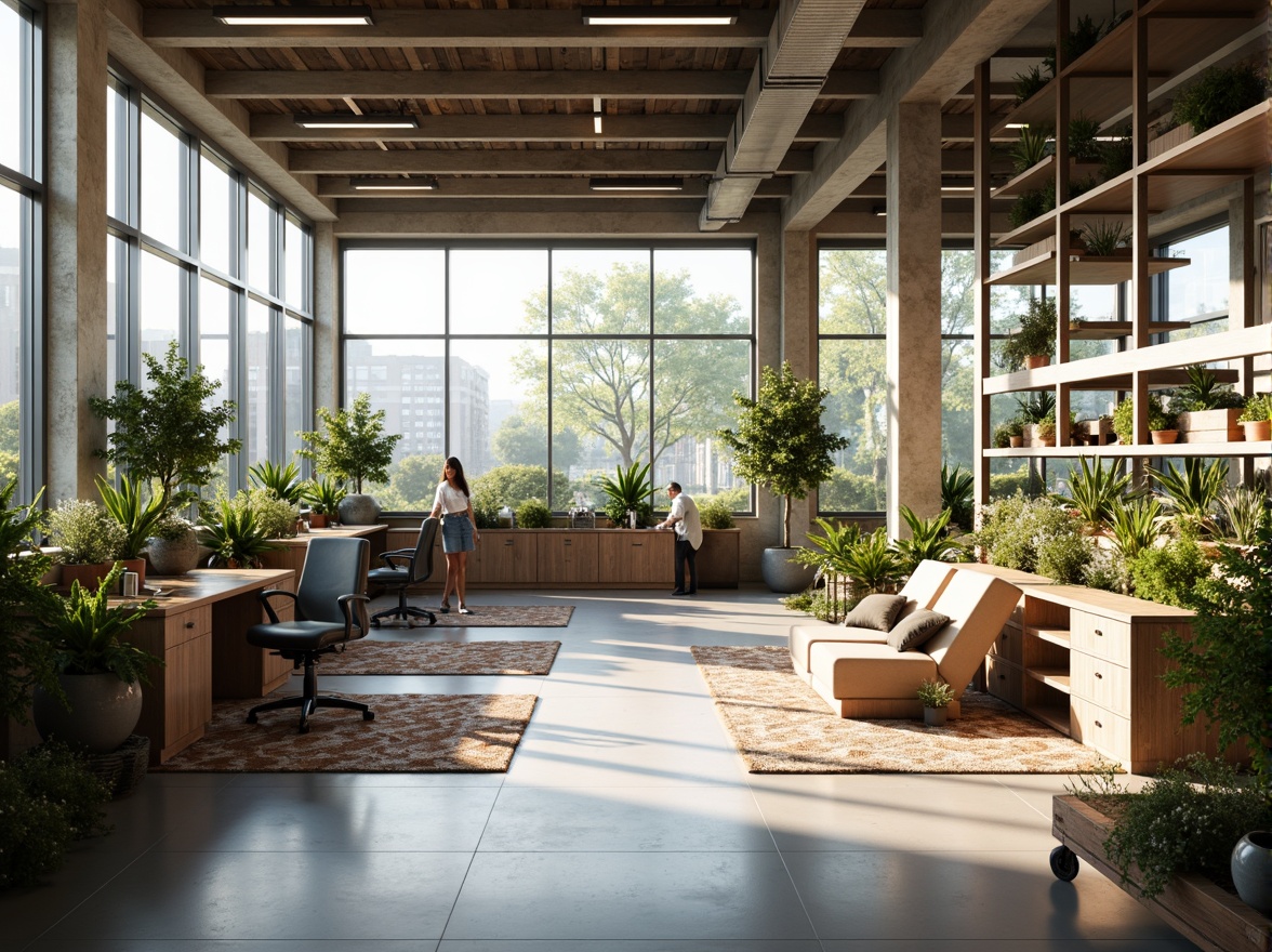 Prompt: Minimalist workspace, ergonomic furniture, plenty of natural light, air-purifying plants, sound-absorbing panels, sleek metal shelving, hidden storage compartments, adjustable desk heights, comfortable seating areas, geometric-patterned rugs, soft warm lighting, shallow depth of field, 3/4 composition, panoramic view, realistic textures, ambient occlusion.