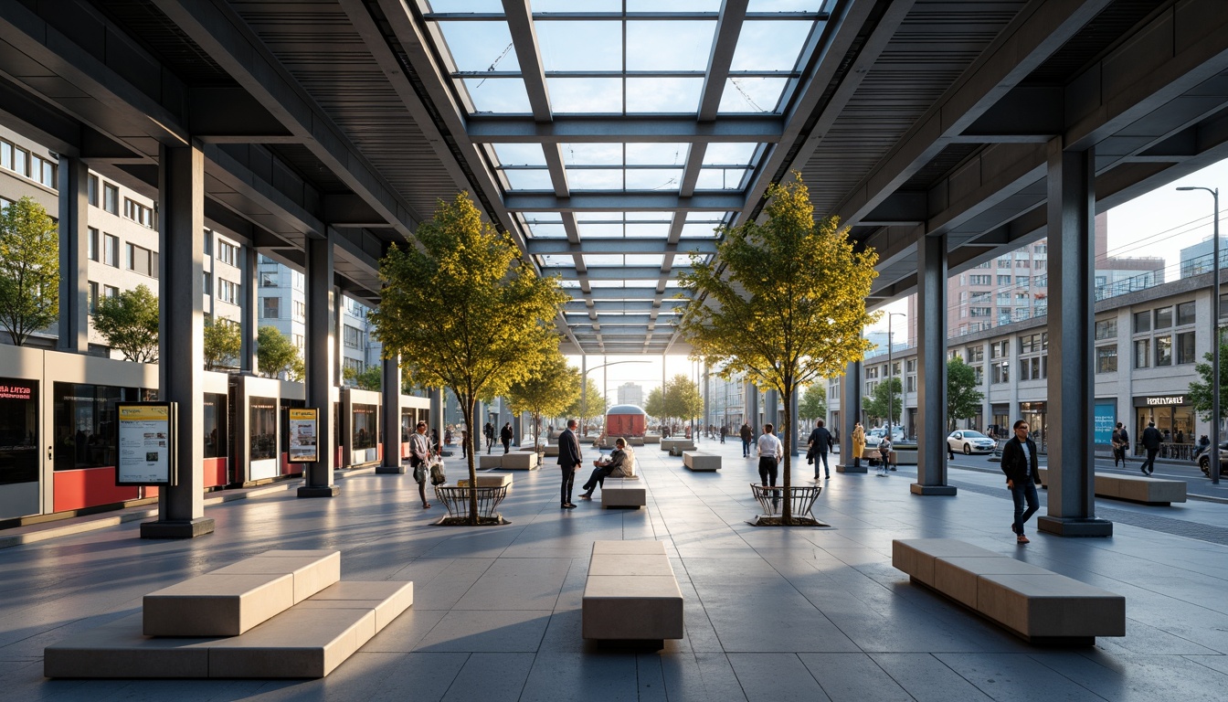 Prompt: Modern tram station, sleek metal framework, large glass roofs, transparent walls, natural light pouring in, polished concrete floors, industrial chic aesthetic, exposed ductwork, suspended ceilings, LED lighting systems, minimalist seating areas, futuristic digital displays, real-time passenger information, urban connectivity hubs, bustling city atmosphere, morning rush hour scenes, soft warm lighting, shallow depth of field, 3/4 composition, realistic textures, ambient occlusion.