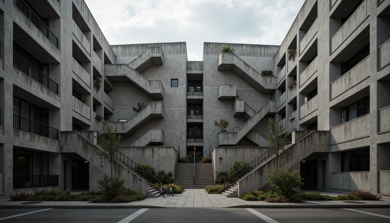 Prompt: Massive concrete buildings, fortress-like structures, rugged textures, angular forms, monumental staircases, exposed ductwork, raw concrete walls, brutalist architecture, urban cityscape, overcast skies, dramatic shadows, high-contrast lighting, deep depth of field, 1/2 composition, symmetrical framing, realistic materials, ambient occlusion.