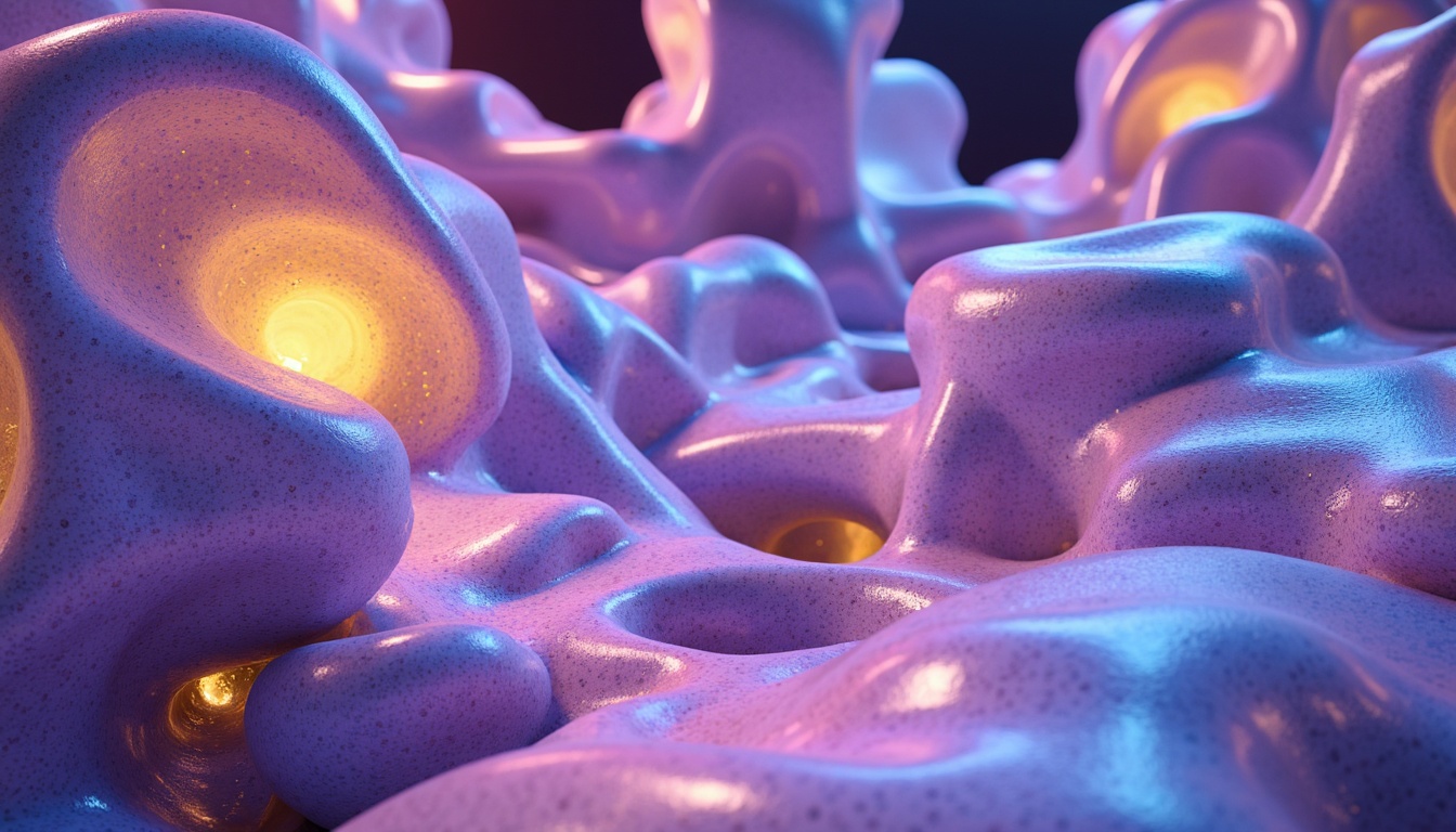 Prompt: Vibrant blob-like structures, iridescent colors, shimmering effects, neon lights, futuristic ambiance, glowing accents, luminescent details, electric blue hues, hot pink undertones, sunshine yellow highlights, pastel purple shades, metallic silver accents, holographic reflections, 3D modeling, sci-fi inspirations, abstract shapes, extraterrestrial landscapes, atmospheric lighting, soft focus effects, dreamy textures, surreal environments.