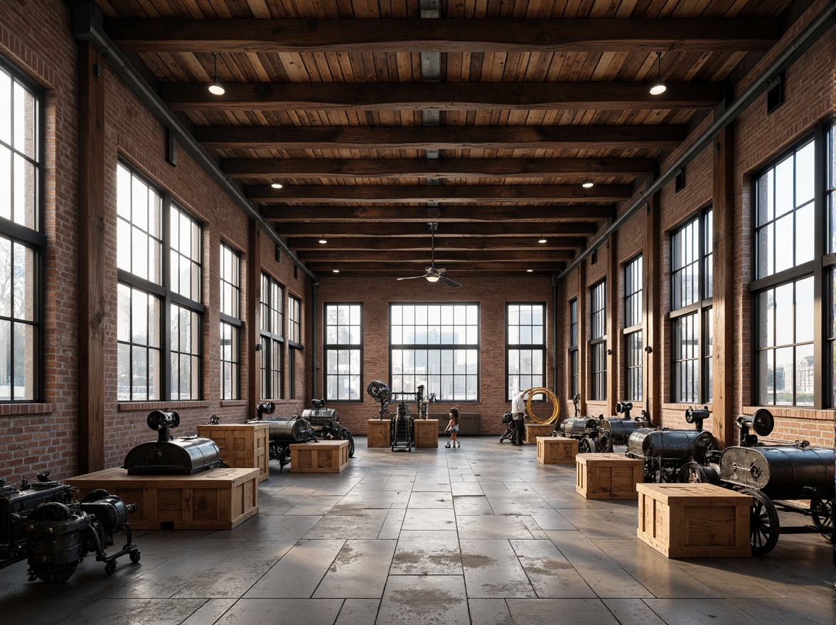 Prompt: Exposed brick walls, industrial metal beams, wooden crates, vintage machinery, rustic wooden floors, distressed concrete textures, large steel windows, ornate ironwork, classic columns, symmetrical facades, neutral color palette, ambient natural light, soft shadows, realistic wear and tear, 1/1 composition, shallow depth of field, panoramic view.