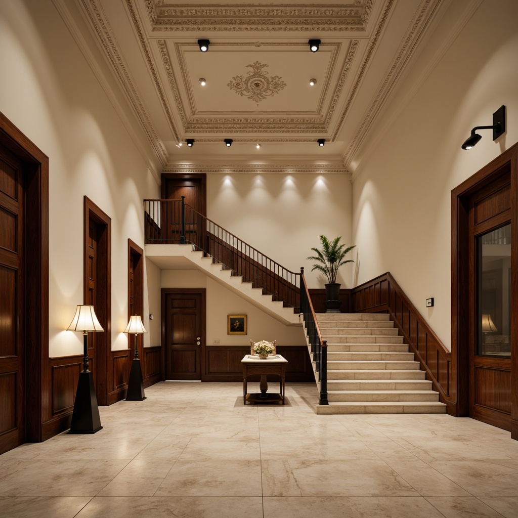 Prompt: Elegant museum interior, refined academic atmosphere, subtle warm lighting, soft diffused illumination, track lights, spotlights, LED strips, minimalist fixtures, neutral color palette, cream walls, dark wood accents, polished marble floors, intricate plaster ceilings, ornate wooden paneling, grand staircase, stately columns, subtle shadows, high contrast ratio, 1/2 composition, dramatic highlights, realistic reflections.