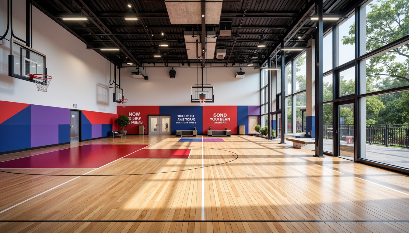 Prompt: Modern gymnasium interior, polished wood flooring, rubber athletic surfaces, vibrant accent walls, suspended LED lighting, minimalist metal beams, exposed ductwork, sleek glass partitions, motivational quotes, inspirational sports graphics, dynamic color schemes, high-gloss finishes, premium sound systems, acoustic panels, ergonomic seating areas, spacious circulation routes, abundant natural light, softbox diffusers, 1/1 composition, realistic reflections, subtle ambient occlusion.