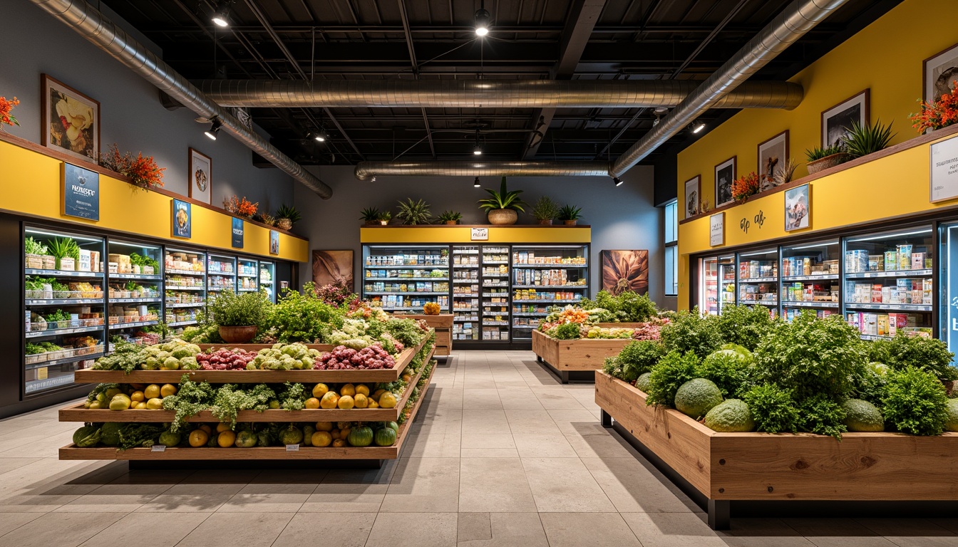 Prompt: Vibrant grocery store, warm earthy tones, rich wooden accents, fresh green produce displays, cool blue refrigeration units, inviting yellow signage, natural stone flooring, modern metal shelving, eclectic food-inspired patterns, soft overhead lighting, shallow depth of field, 1/1 composition, realistic textures, ambient occlusion.