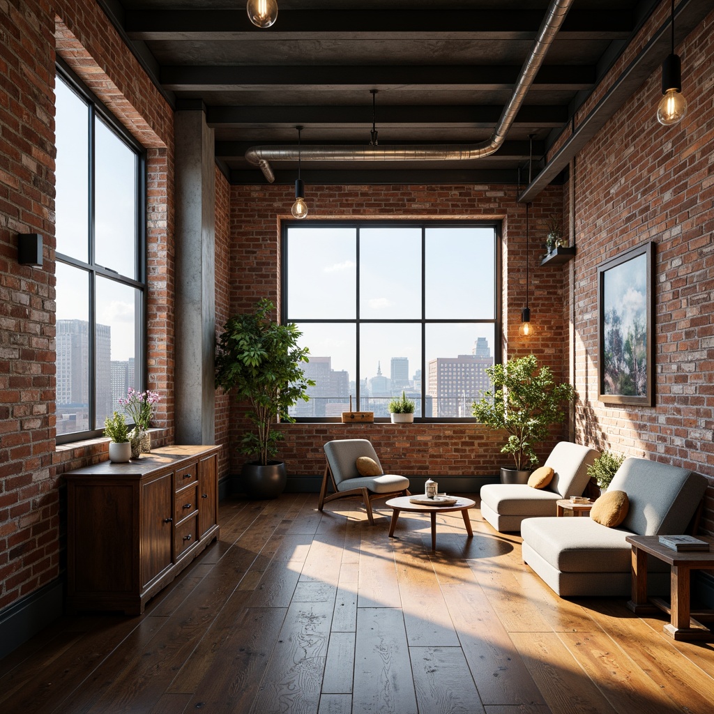 Prompt: Industrial-chic loft space, exposed brick walls, metal beams, wooden floors, minimalist decor, urban skyline views, large windows, natural light pouring in, airy atmosphere, eclectic furniture pieces, reclaimed wood accents, Edison bulb lighting, concrete columns, open floor plans, high ceilings, cityscape backdrop, dramatic shadows, warm ambient lighting, shallow depth of field, 1/1 composition, realistic textures, ambient occlusion.