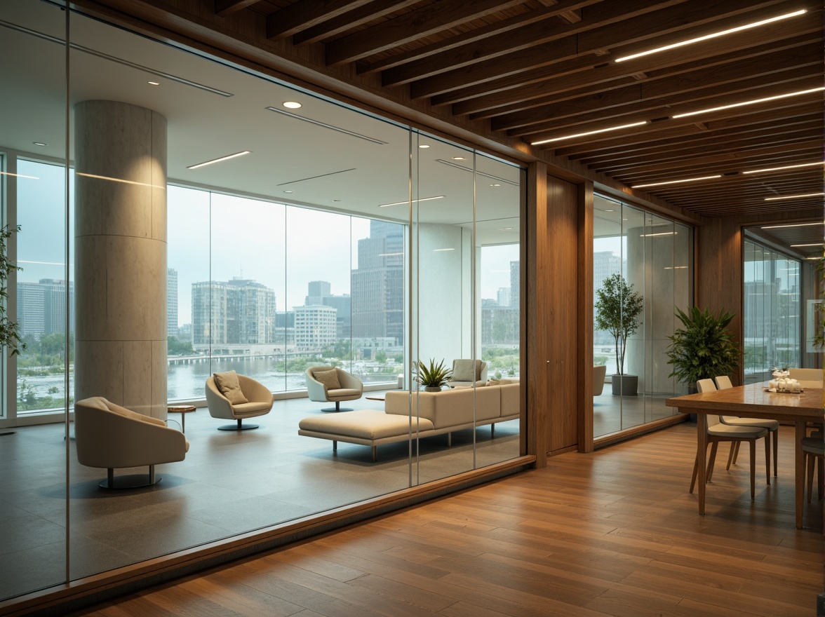 Prompt: Delicate glass facades, transparent acrylic walls, luminous LED lighting, minimalist interior spaces, sleek metal frames, polished chrome accents, refined wood textures, subtle gradient effects, soft warm ambient glow, shallow depth of field, 1/1 composition, realistic reflections, ambient occlusion.