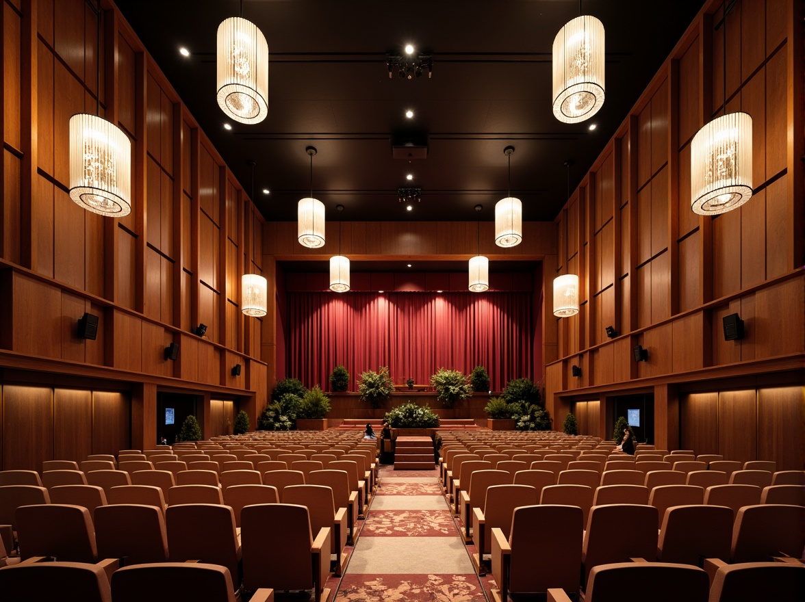 Prompt: Modern auditorium interior, comfortable seating, warm lighting, rich wood accents, soundproof walls, acoustic panels, state-of-the-art ventilation systems, gentle air circulation, subtle scent diffusion, calming atmosphere, soft music background, elegant chandeliers, grand stage design, red velvet curtains, sophisticated audio equipment, precise temperature control, optimal humidity levels, fresh air supply, 1/2 composition, warm color palette, inviting ambiance.