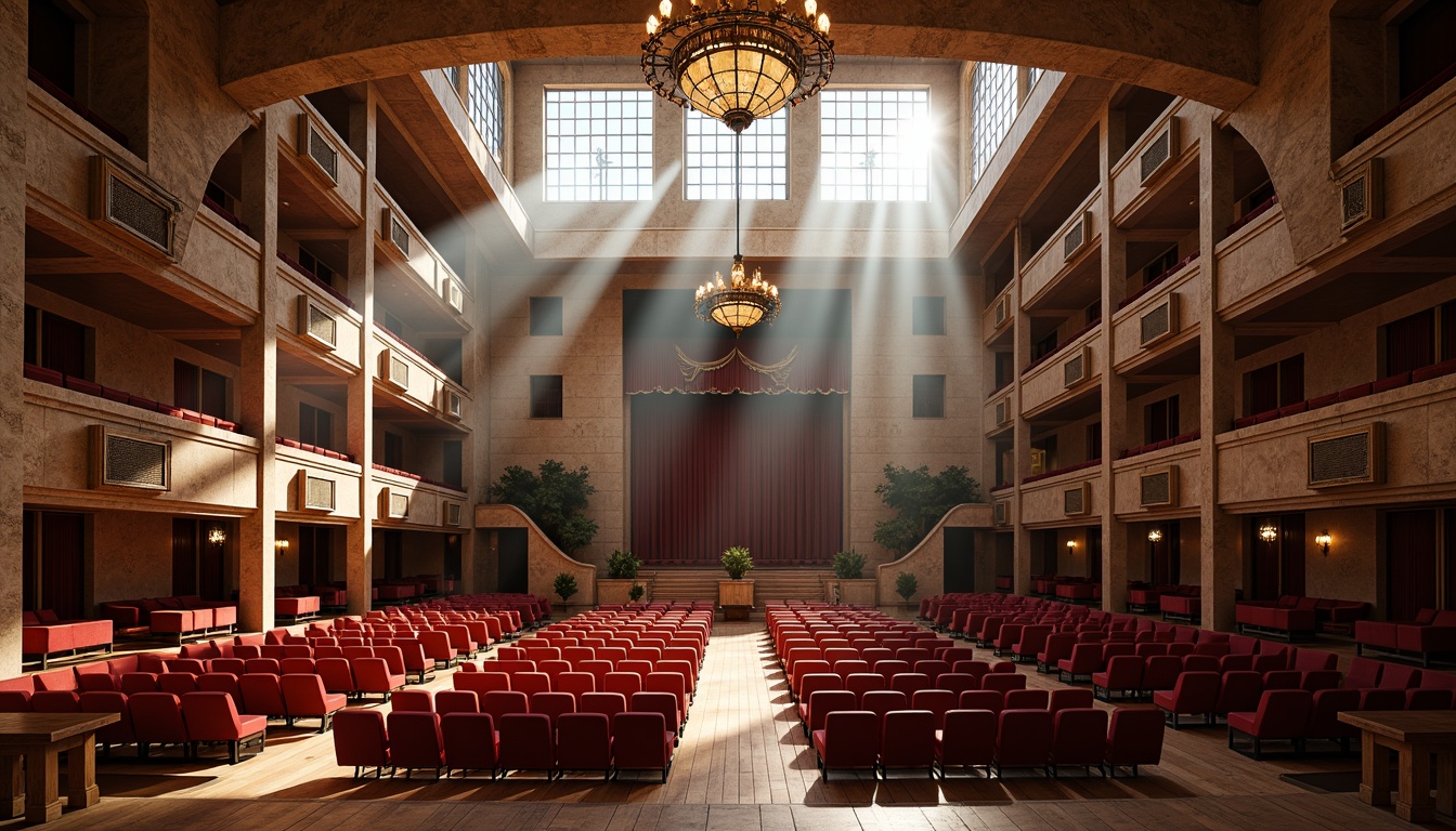 Prompt: Grand auditorium, high ceilings, elegant chandeliers, wooden flooring, plush red seats, curved stage, ornate balconies, natural stone walls, large windows, clerestory windows, skylights, diffused lighting, warm ambiance, afternoon sunbeams, soft shadows, 1/2 composition, symmetrical layout, realistic textures, ambient occlusion.