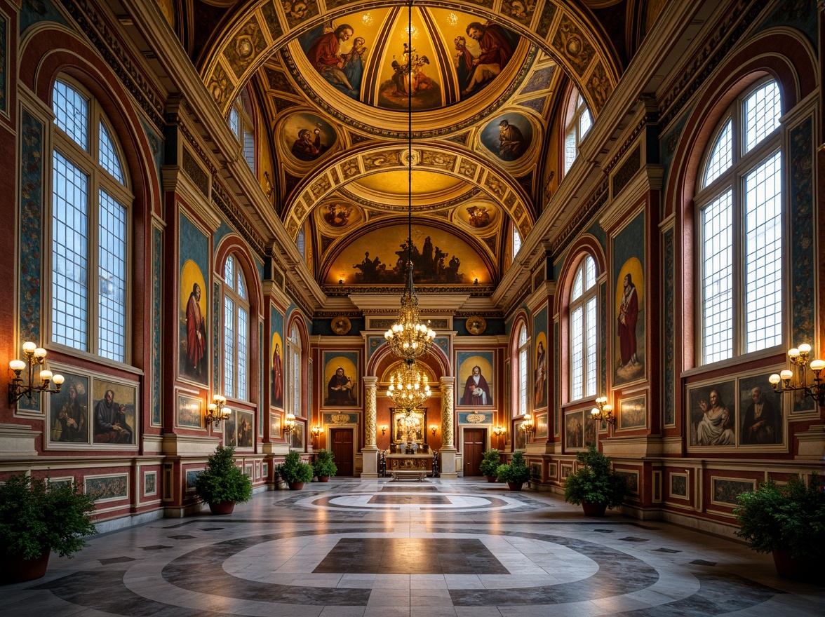 Prompt: Byzantine-style church interior, ornate mosaics, golden domes, intricate patterns, rich jewel tones, ornamental borders, biblical scenes, saints' portraits, luxurious marble floors, grandiose vaulted ceilings, dramatic lighting effects, warm color palette, high contrast, 1/2 composition, close-up shot, detailed textures, ambient shadows.