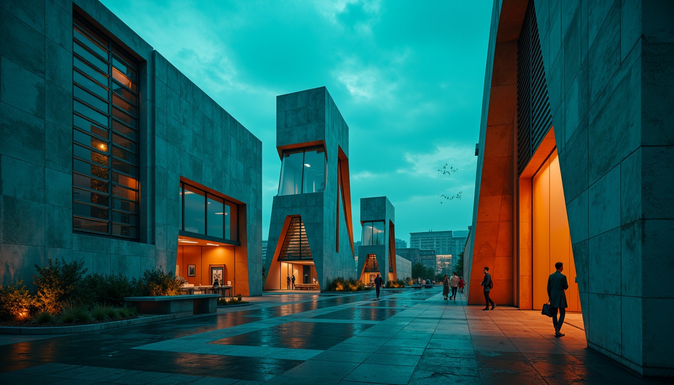 Prompt: Monumental watchtowers, modernist architecture, bold color scheme, vibrant turquoise, deep indigo, bright orange, sleek metallic accents, polished concrete surfaces, geometric shapes, abstract patterns, minimalist details, urban cityscape, dramatic nighttime lighting, misty atmosphere, shallow depth of field, 1/2 composition, cinematic view, realistic reflections, ambient occlusion.