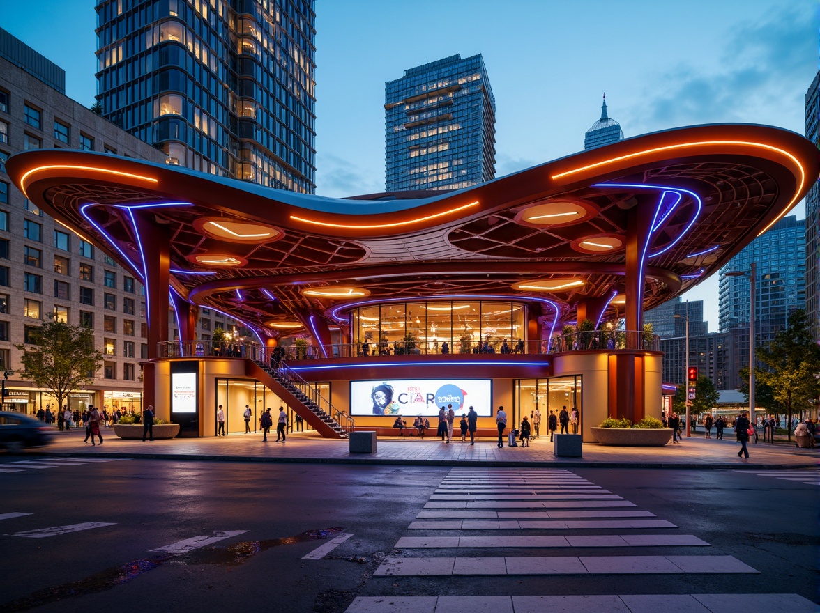 Prompt: Vibrant bus station, curved dynamic forms, bold expressive lines, abstract geometric shapes, futuristic transportation hub, neon lights, urban cityscape, evening atmosphere, warm golden lighting, shallow depth of field, 1/2 composition, dramatic shadows, high-contrast textures, ambient occlusion, metallic materials, reflective surfaces, modern architecture, innovative design elements.