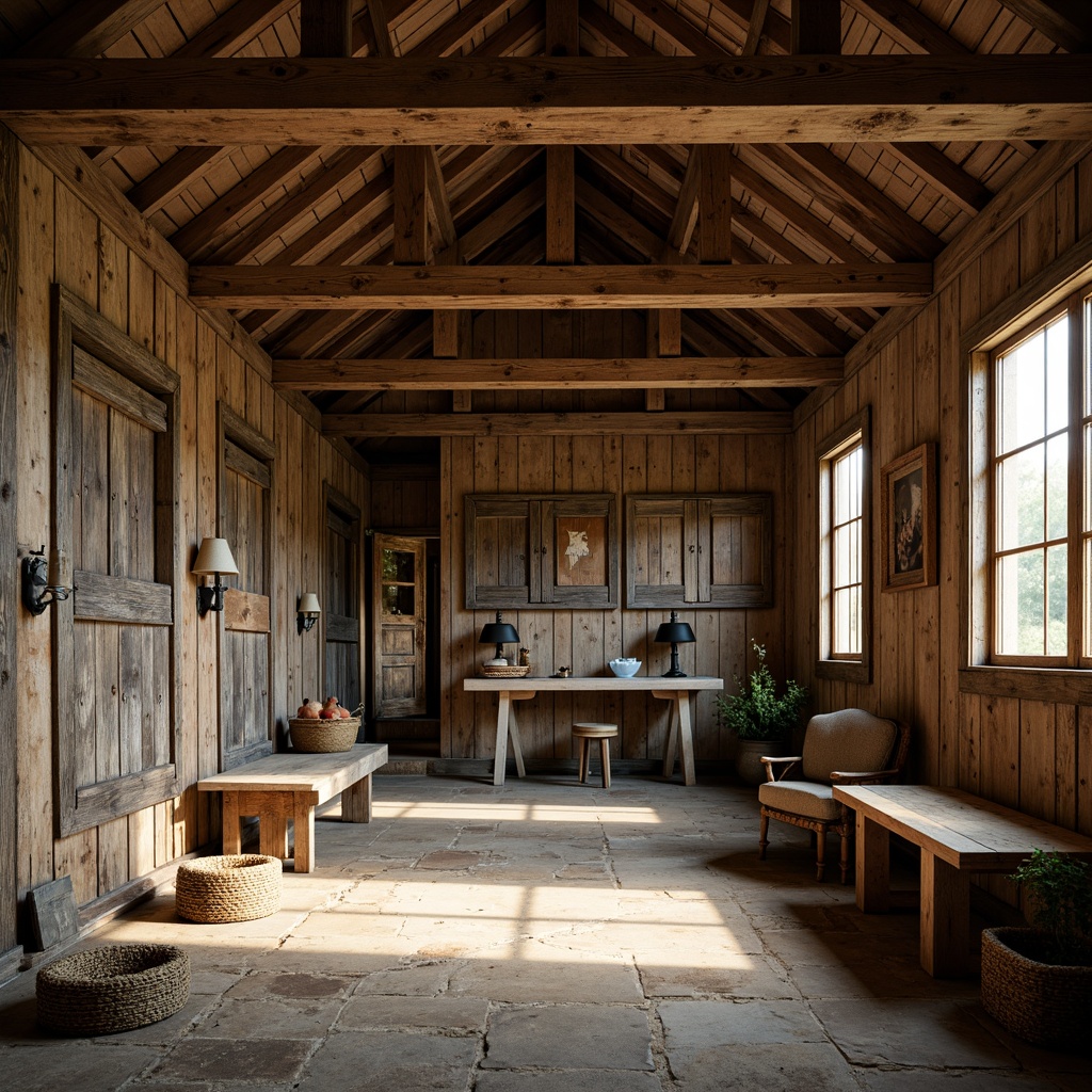 Prompt: Rustic barn, distressed wood textures, vintage metal accents, earthy color palette, natural stone foundation, wooden beams, exposed brick walls, traditional farmhouse style, charming countryside setting, sunny afternoon, warm soft lighting, shallow depth of field, 1/1 composition, intimate atmosphere, realistic weathering effects.