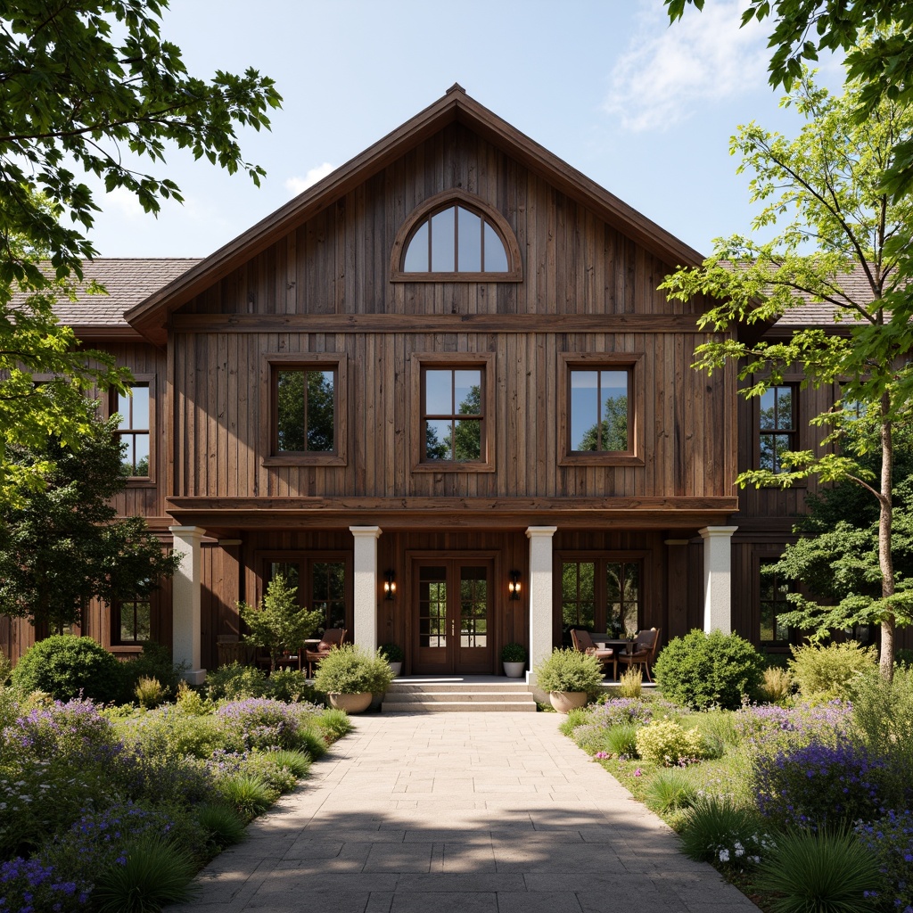 Prompt: Rustic barn-inspired academic building, distressed wood textures, earthy brown colors, vintage metal accents, ornate stone carvings, classic columns, symmetrical fa\u00e7ade, lush greenery, blooming wildflowers, sunny afternoon, soft warm lighting, shallow depth of field, 3/4 composition, realistic textures, ambient occlusion.