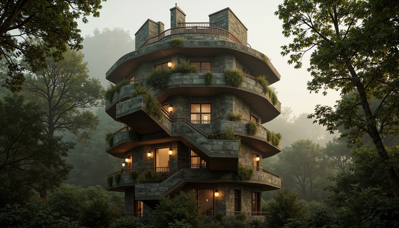 Prompt: Twisting Watchtower, rugged stone walls, moss-covered roofs, ivy-clad facades, winding staircases, lantern-style windows, wooden beam ceilings, earthy tone color palette, misty atmospheric effects, soft golden lighting, shallow depth of field, 1/1 composition, symmetrical framing, cinematic camera angles, rustic textures, ambient occlusion, serene forest surroundings, towering trees, whispering leaves, gentle breeze sounds.