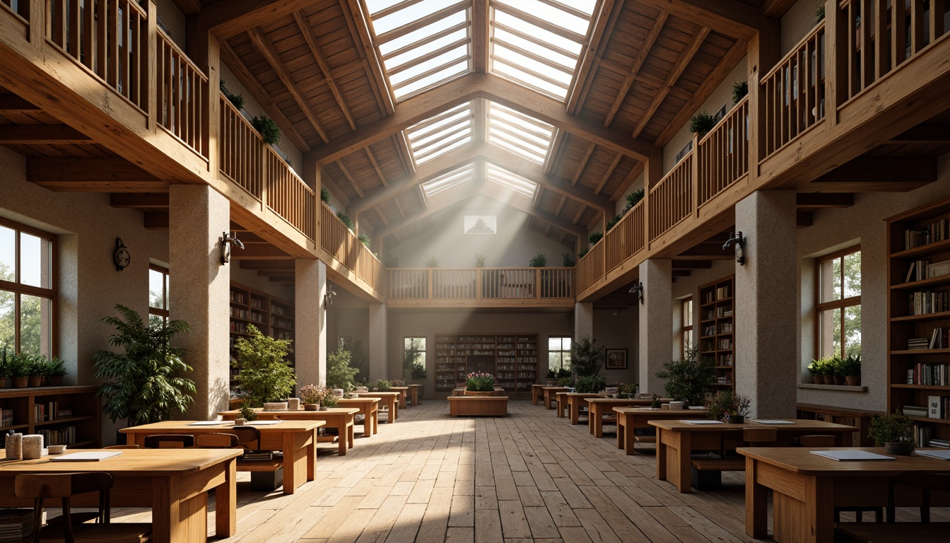 Prompt: Rustic barn-style academic buildings, wooden beams, stone walls, natural lighting, large skylights, clerestory windows, soft warm glow, afternoon sunlight, scattered rays, warm beige tones, earthy textures, vintage furniture, traditional decor, cozy reading nooks, classic library settings, wooden desks, leather-bound books, warm color palette, inviting atmosphere, shallow depth of field, 1/1 composition, realistic textures, ambient occlusion.