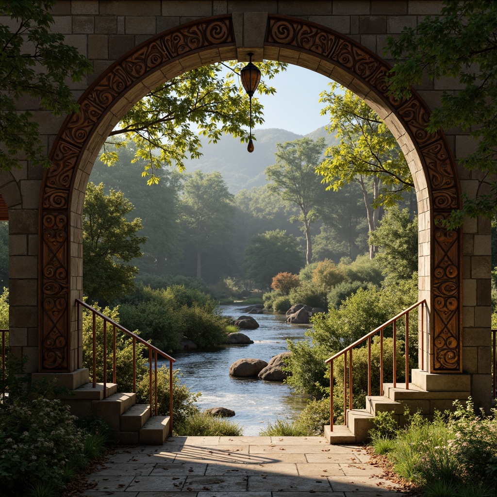 Prompt: Rustic stone arches, ornate metal railings, intricately carved wooden accents, moss-covered stonework, weathered copper ornaments, natural rock formations, lush greenery surroundings, serene river flows, misty atmospheric effects, warm golden lighting, soft focus photography, 1/1 composition, symmetrical framing, earthy color palette, organic shapes, whimsical details, distressed textures, vintage charm, nostalgic ambiance.