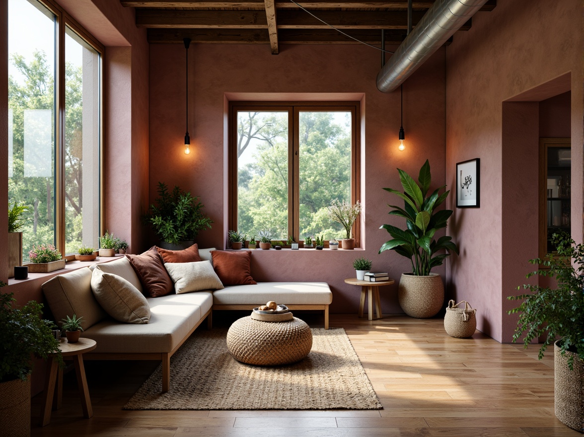 Prompt: Earthy-toned interior space, mauve accent walls, mud-colored furniture, natural textures, woven baskets, jute rugs, reclaimed wood accents, industrial metal beams, Edison bulb lighting, lush greenery, potted plants, minimalist decor, cozy reading nook, oversized windows, soft warm lighting, 1/1 composition, intimate atmosphere, rustic charm.