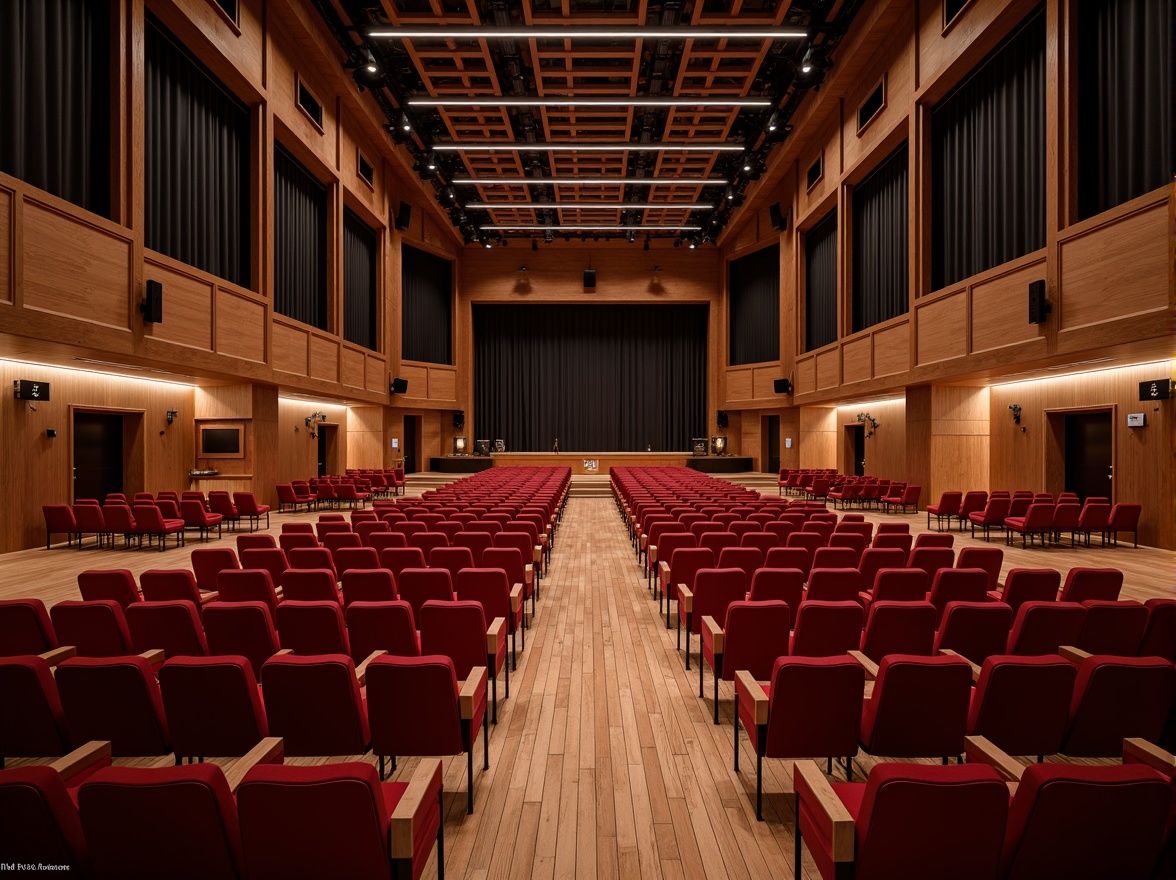 Prompt: Elegant auditorium interior, curved rows of seats, plush red velvet upholstery, polished wooden flooring, intricate acoustic paneling, suspended lighting fixtures, dramatic ceiling design, grand entranceways, luxurious VIP areas, state-of-the-art sound systems, professional audio equipment, rear projection screens, 3/4 composition, shallow depth of field, warm softbox lighting, realistic textures, ambient occlusion.