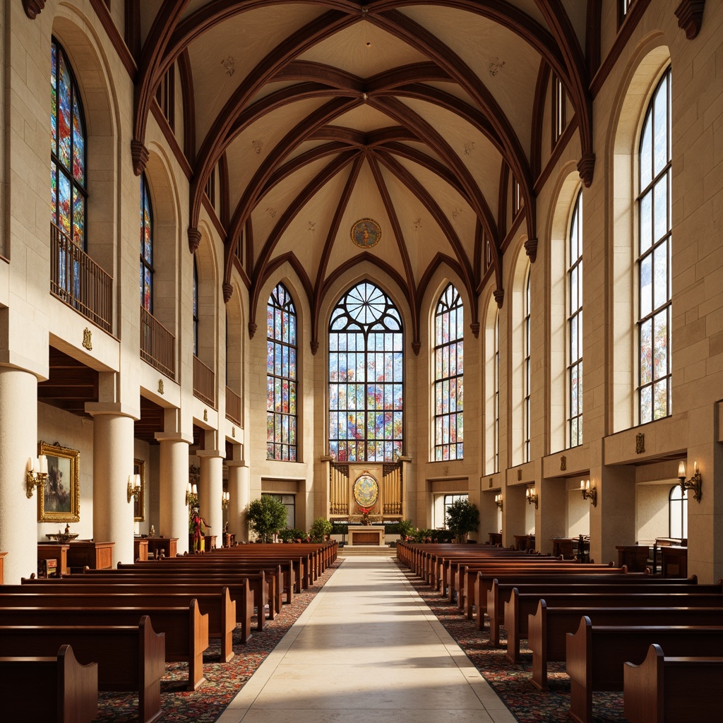 Prompt: Elegant church interior, warm beige stone walls, rich walnut wood accents, vibrant stained glass windows, soft cream-colored pews, ornate golden crosses, serene natural light, subtle earthy tones, calming blue hues, majestic vaulted ceilings, intricate Gothic arches, ornate frescoes, luxurious velvet textiles, subtle sheen finishes, warm candlelight ambiance, dramatic chiaroscuro effects, symmetrical composition, realistic texture rendering, ambient lighting simulation.