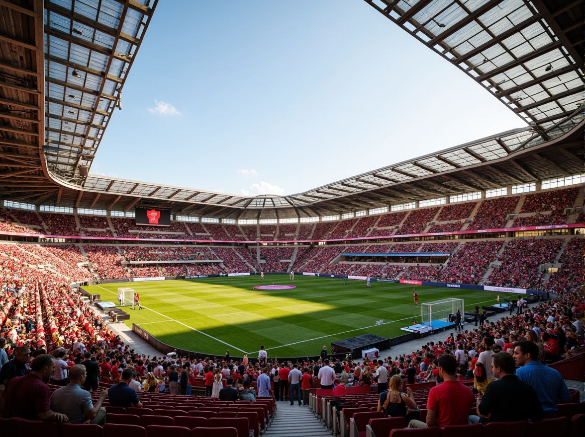 Prompt: Vibrant stadium atmosphere, dynamic seating areas, bold team colors, energetic crowd, lush green grass, sleek metal railings, modern architecture, angular lines, geometric shapes, urban landscape, sunny day, dramatic shadows, warm golden lighting, shallow depth of field, 3/4 composition, panoramic view, realistic textures, ambient occlusion.