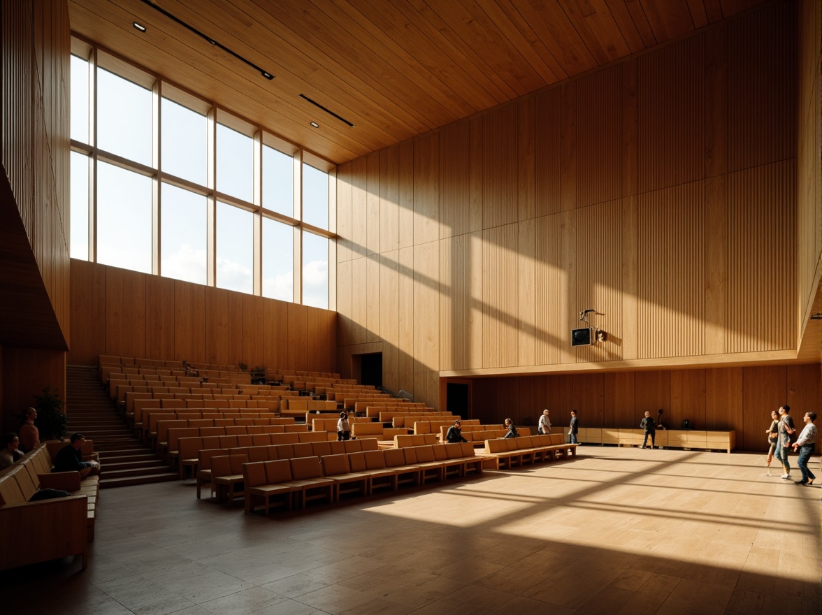 Prompt: Grand auditorium, high ceilings, expansive windows, natural light pouring in, warm wooden tones, comfortable seating, state-of-the-art sound systems, minimalist interior design, sleek lines, subtle textures, gentle color palette, soft warm lighting, shallow depth of field, 1/2 composition, realistic renderings, ambient occlusion.