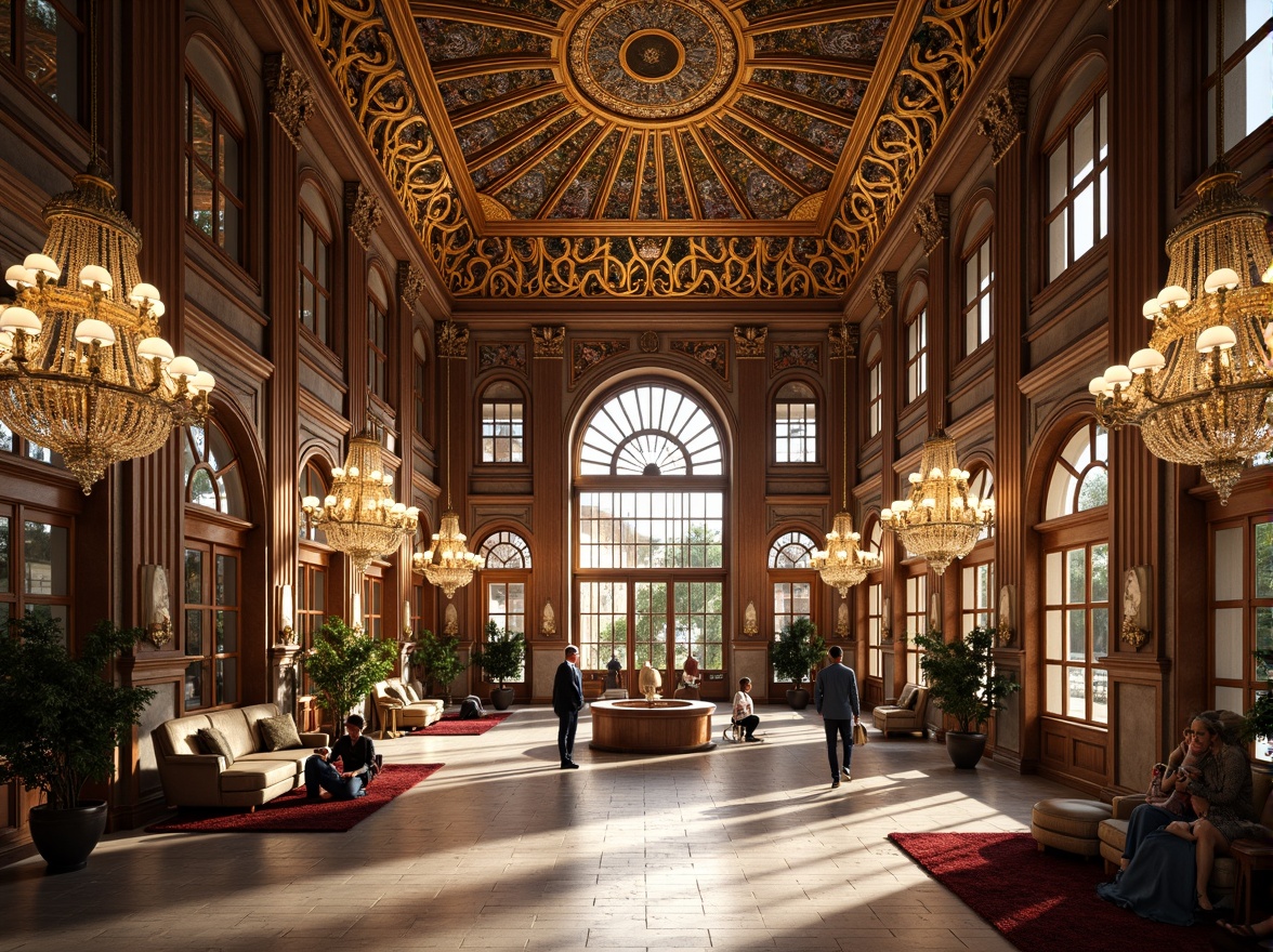 Prompt: Ornate Byzantine-style visitor center, grand dome ceiling, intricate mosaic patterns, golden accents, rich wood tones, marble floors, ornamental arches, vaulted corridors, majestic chandeliers, stained glass windows, regal throne-like seating, luxurious velvet drapes, warm soft lighting, shallow depth of field, 1/2 composition, symmetrical framing, realistic textures, ambient occlusion.