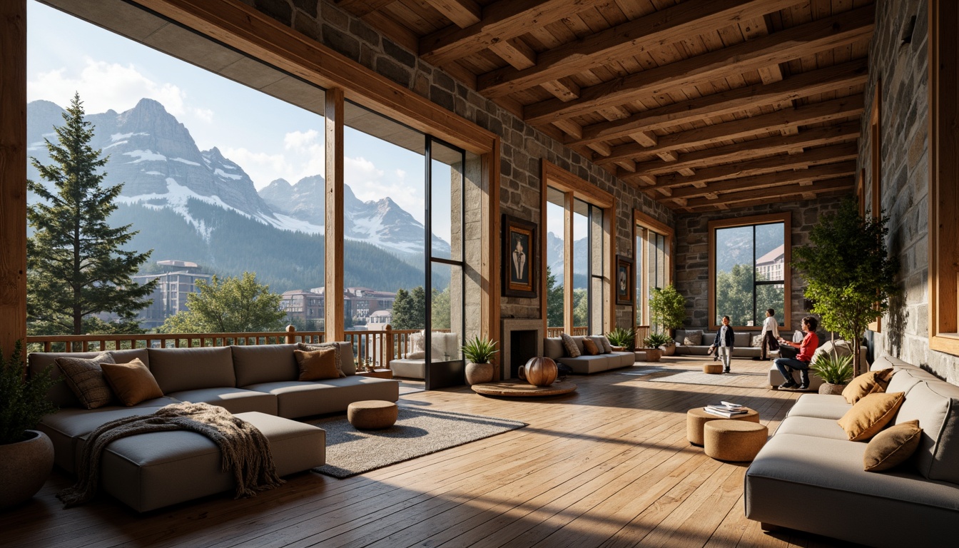 Prompt: Rustic student halls, earthy tones, wooden accents, stone-clad facades, snow-capped mountains, evergreen trees, misty valleys, warm cozy interiors, plush furnishings, natural textiles, woven blankets, comfortable reading nooks, soft warm lighting, shallow depth of field, 3/4 composition, panoramic view, realistic textures, ambient occlusion.