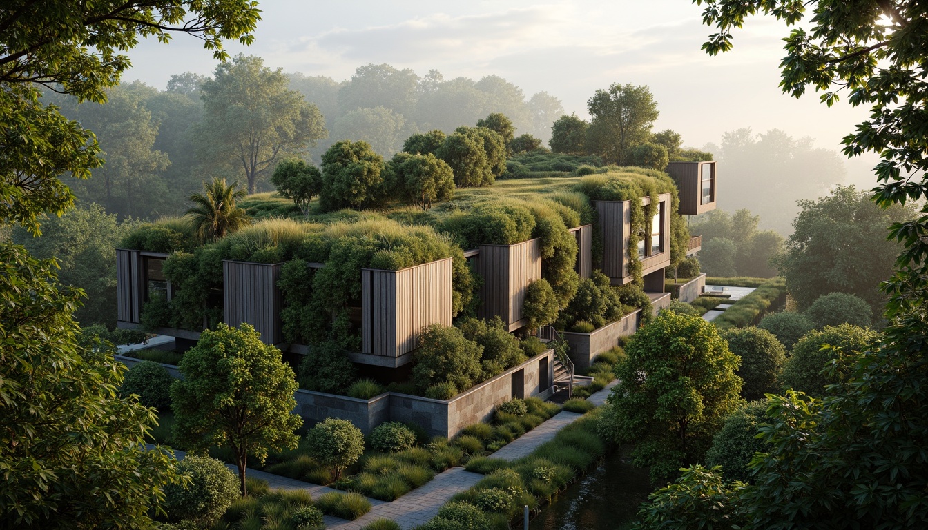 Prompt: Seamless building integration, lush green roofs, living walls, natural stone fa\u00e7ades, reclaimed wood accents, organic shapes, earthy color palette, blending boundaries, harmonious coexistence, surrounding forest, misty atmosphere, warm sunlight filtering, soft shadows, 1/1 composition, atmospheric perspective, realistic foliage, ambient lighting, subtle textures.