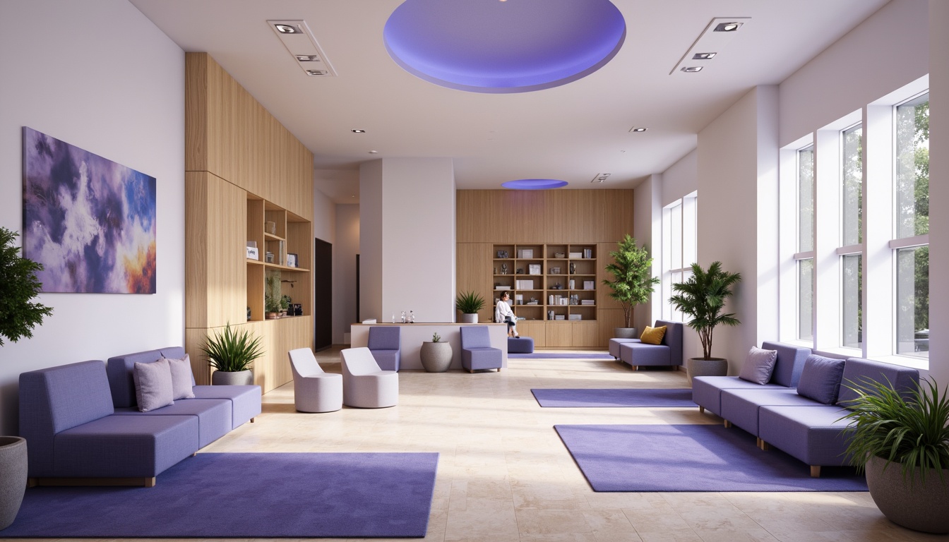 Prompt: \Soothing clinic interior, blue violet color palette, calming atmosphere, gentle lighting, comfortable seating areas, natural wood accents, creamy white walls, soft lavender hues, subtle gradient effects, rounded corners, minimalist decor, warm beige flooring, cozy reading nooks, serene water features, lush green plants, abstract artwork, gentle curves, organic shapes, peaceful ambiance, soft focus photography, 1/2 composition, shallow depth of field, warm natural lighting.\