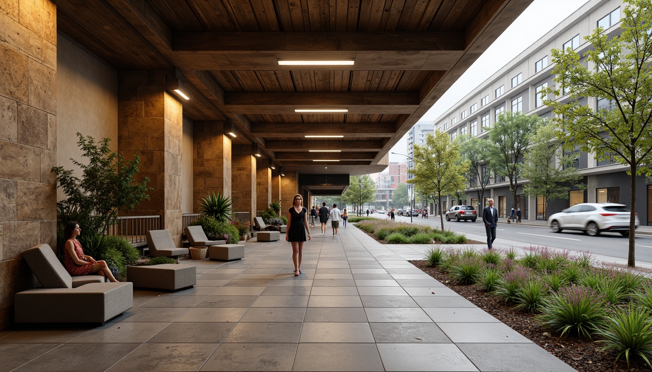 Prompt: Rustic bus station, earthy mud walls, rough-textured concrete floors, natural stone benches, organic plant installations, wooden accents, warm ambient lighting, shallow depth of field, 1/2 composition, realistic textures, ambient occlusion, modern industrial design, functional layout, efficient traffic flow, urban cityscape, overcast sky, soft diffused light.