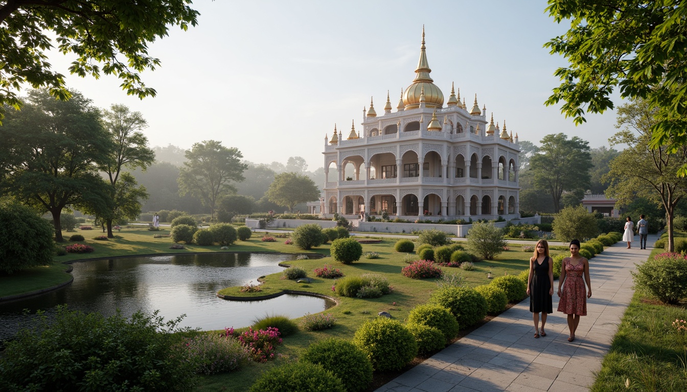 Prompt: Sacred temple, harmonious landscape integration, lush greenery, tranquil water features, walking paths, meditation gardens, prayer halls, ornate architectural details, vibrant cultural patterns, intricate stone carvings, golden domes, peaceful ambiance, soft natural lighting, misty morning atmosphere, shallow depth of field, 1/2 composition, panoramic view, realistic textures, ambient occlusion.