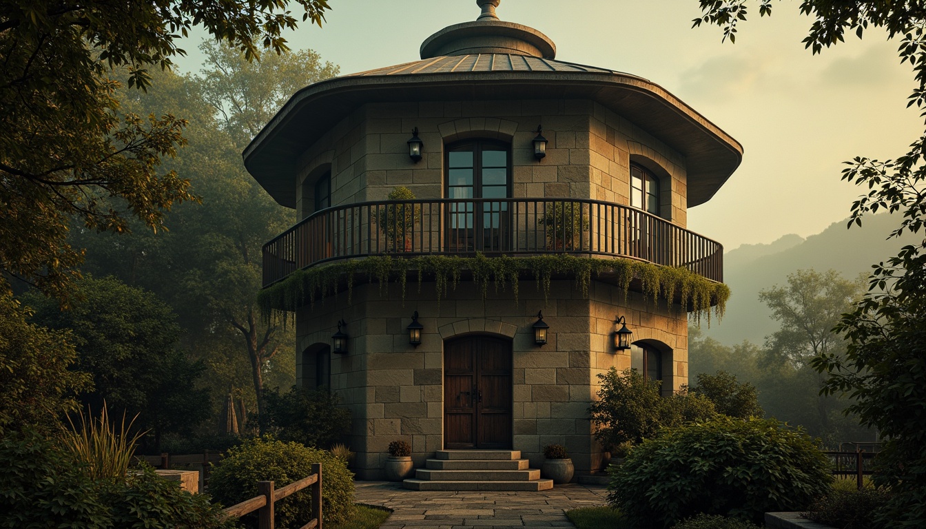 Prompt: Rustic Watchtower, crumbling stone walls, worn wooden accents, overgrown ivy, mysterious lanterns, distressed metal doors, weathered copper roofs, ancient tree branches, misty foggy atmosphere, warm golden lighting, cinematic composition, dramatic shadows, gritty textures, atmospheric perspective.