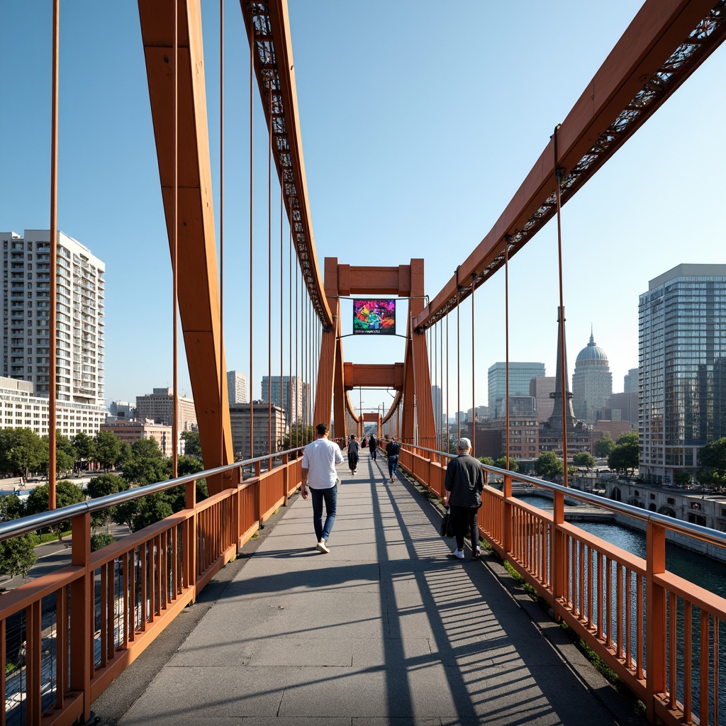 Prompt: Vibrant pedestrian bridge, sleek metal railings, warm wooden accents, bold primary colors, bright secondary hues, pastel shade undertones, neon light installations, urban cityscape, bustling streets, modern architecture, dynamic curves, geometric shapes, steel cables, suspension design, river or sea views, sunny day, soft natural lighting, shallow depth of field, 1/2 composition, realistic textures, ambient occlusion.