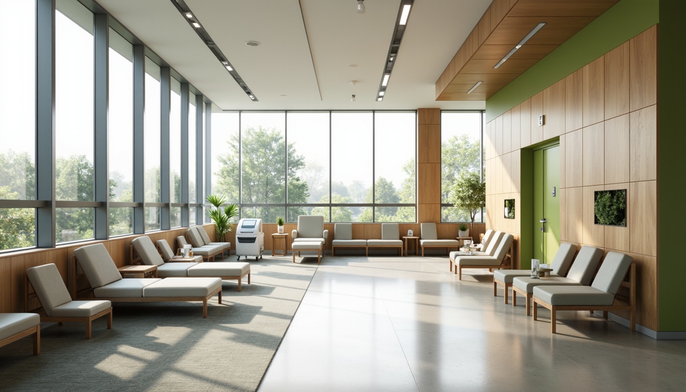 Prompt: Minimalist clinic interior, sleek modern furniture, polished chrome accents, calming neutral color palette, natural wood tones, large windows, abundant daylight, soft diffused lighting, 3/4 composition, shallow depth of field, clean lines, geometric shapes, futuristic medical equipment, interactive digital displays, comfortable waiting areas, plush patient chairs, soothing green walls, serene ambiance, subtle texture overlays, realistic reflections, ambient occlusion.