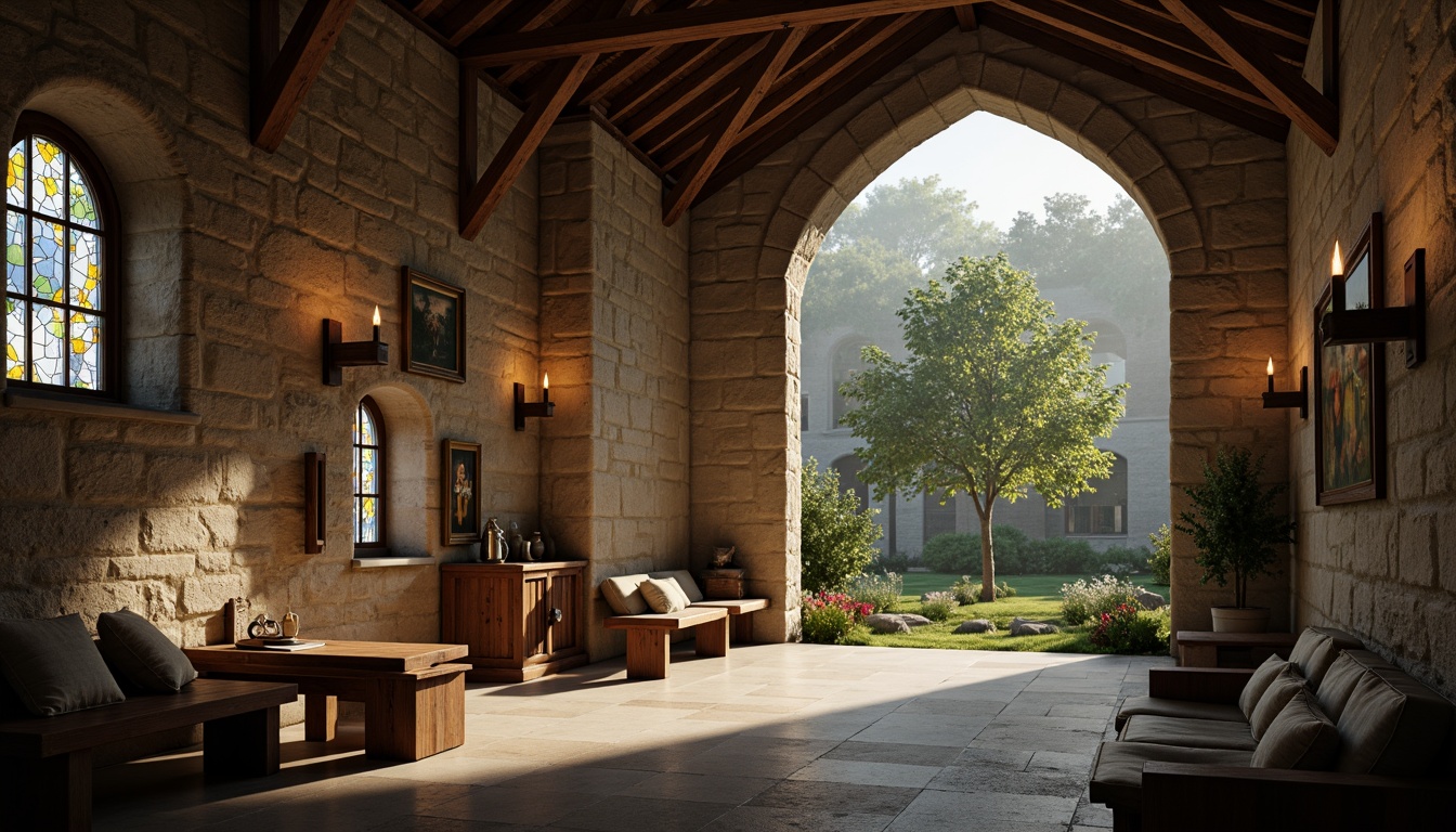 Prompt: Simple monastery architecture, rustic stone walls, wooden accents, vaulted ceilings, stained glass windows, dim warm lighting, quiet atmosphere, sparse furniture, natural textiles, earthy tones, minimal decor, ancient artifacts, worn wood benches, soft candlelight, peaceful courtyard, lush greenery, misty morning, shallow depth of field, 1/1 composition, realistic textures.