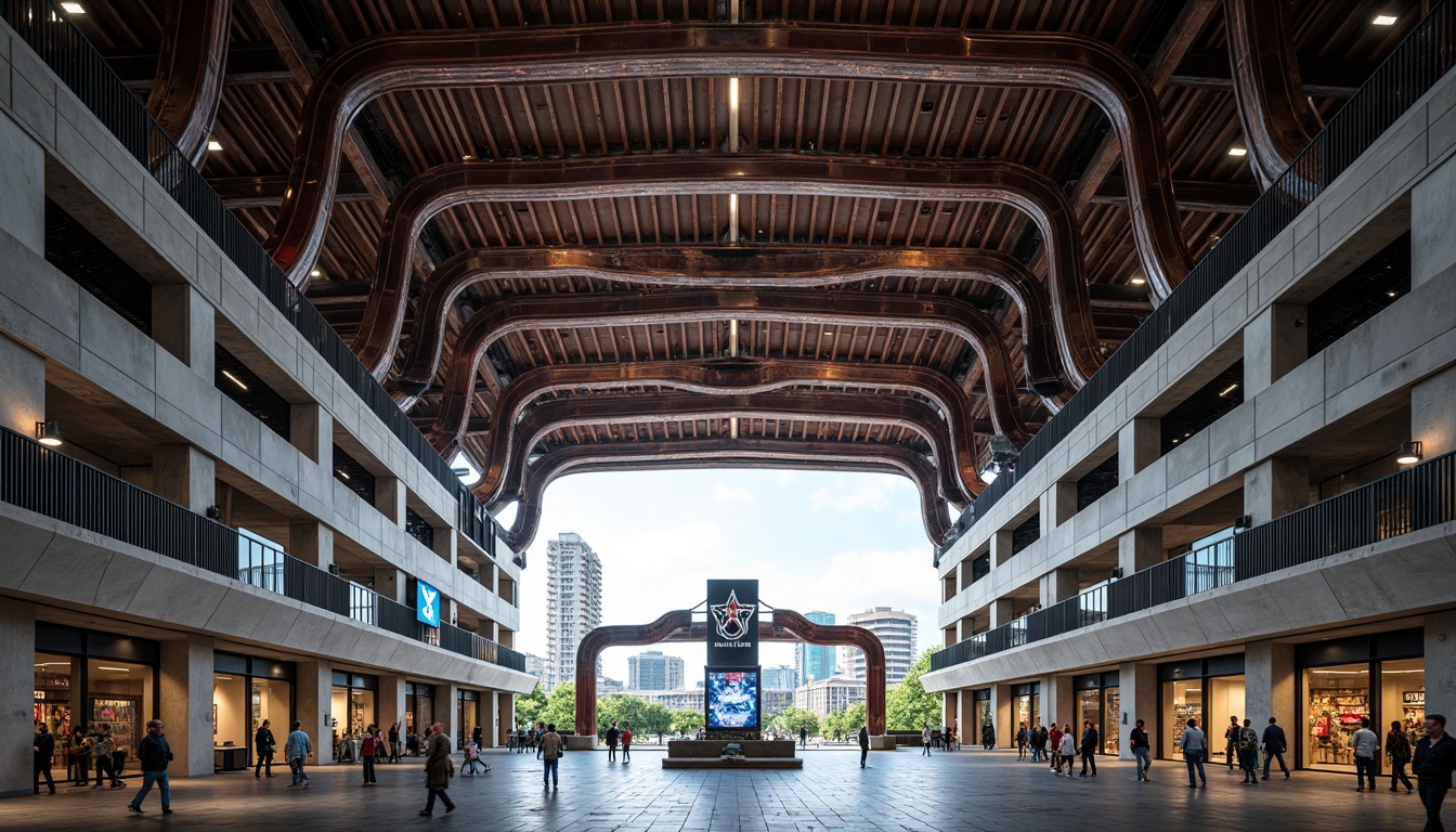 Prompt: Exposed steel beams, rugged industrial aesthetic, cantilevered rooflines, dramatic column supports, grand entrance gates, sleek metal cladding, dynamic curvature, vibrant team colors, bustling concourse, elevated seating areas, panoramic city views, natural ventilation systems, polished concrete flooring, bold graphic patterns, futuristic LED lighting, shallow depth of field, 1/2 composition, realistic textures, ambient occlusion.