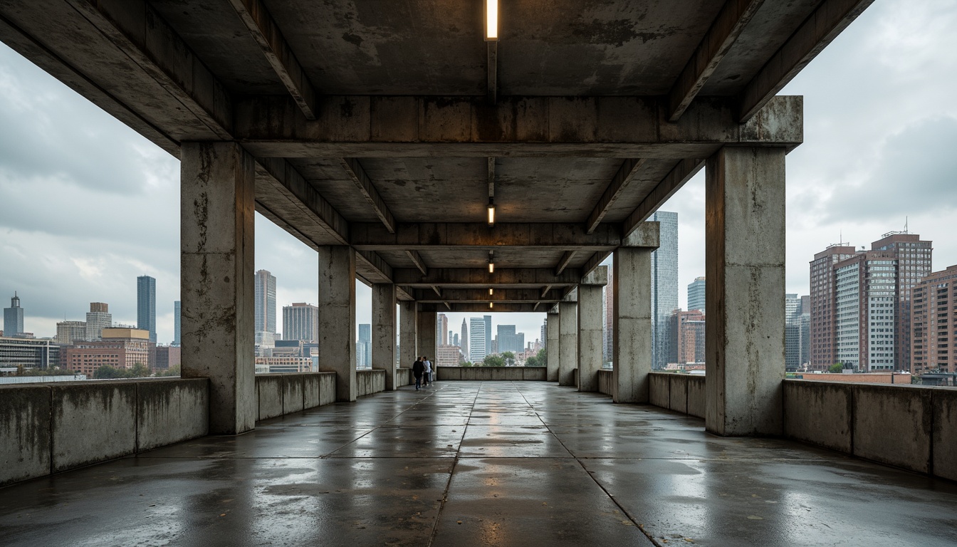 Prompt: Industrial brutalist building, exposed concrete surfaces, raw metal beams, weathered wooden accents, industrial-style lighting fixtures, urban cityscape backdrop, overcast sky, dramatic shading, high-contrast textures, cinematic composition, 1/1 aspect ratio, symmetrical framing, muted color palette, distressed finishes, reclaimed materials, minimalist decor, functional simplicity, architectural brutalism, constructivist ideology.